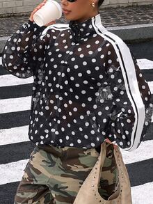 Muchica Plus Size Women's Polka Dot Casual Versatile Long Sleeve Jacket - Black and White - View 5