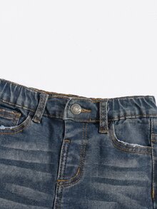 SHEIN 兒童小男孩休閒百搭水洗磨損牛仔長褲，附口袋 - 深色水洗藍 - 查看 3