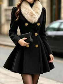 SHEIN LUNE Jaket Lipit Bulu Imitasi dengan Kancing Bunga Logam untuk Wanita - MultiWarna - View 4