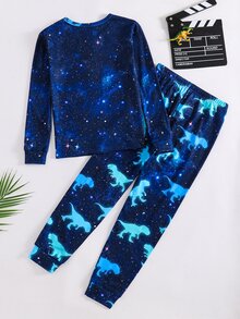 SHEIN 2件組兒童青少年男孩休閒日常舒適印花圓領套頭睡衣上衣與長褲針織居家服修身套裝 - 黑色 - 查看 2