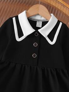 SHEIN Baby GirlAcademy Style Black & White Long Sleeve Collared Dress - Black - View 8