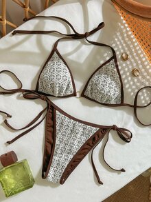 SHEIN Swim 女款性感亮片蕾絲掛脖比基尼套裝，適合海灘、度假與派對 - 棕色 - 查看 3
