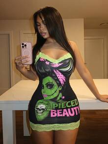 Slaydiva Halloween - Green Monster Lace Patchwork Sexy Hot Mini Bodycon Dress - A - Multicolor - View 2