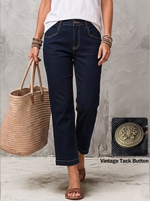 LUMIGAL Plus Size Women's Casual Cropped Jeans With Pocket And Vintage Button Design - Black - View 1