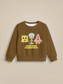 SpongeBob SquarePants | SHEIN بلوزة رياضية كاجوال بأكمام طويلة وياقة دائرية مطبوعة برسومات كرتونية للأولاد الرضع - أبيض - مشاهدة 4