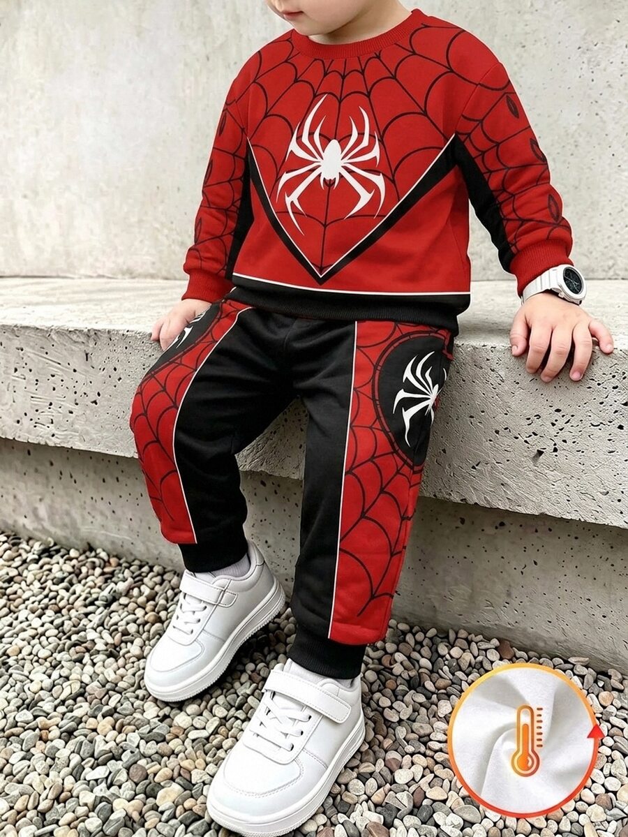 2件組幼童男童冬季刷毛黑色與紅色蜘蛛網印花長袖圓領休閒舒適運動衫與運動褲套裝,針織運動衫 - 白色 - 查看 1