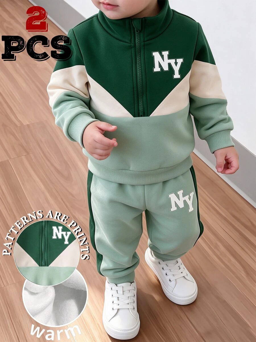 Baby Boys NY Letter Graphic Colorblock Quarter Zip Sweatshirt And Sweatpants 2 Pieces Outfit Set - Multicolor - View 1