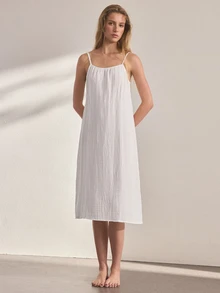 Ocili Women's Solid Color Pure Cotton Tie Strap Nightgown Loungewear Dress - White - View 6