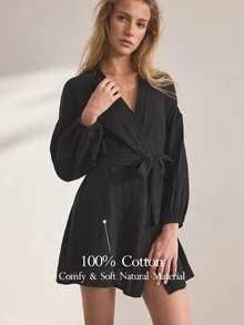 Ocili Leisure Pure Cotton Double Layer Crepe Fabric Minimalist Comfortable Neutral Soft Long Sleeve Robe Pajamas Women's Loungewear - Black - View 1