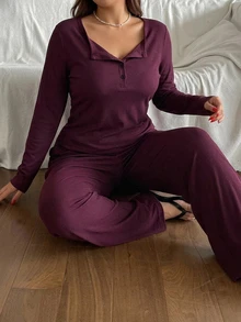 Dazy Plus 2pcs Solid Color Casual Autumn/Winter New Long Pants Loungewear Set - Violet Purple - View 5