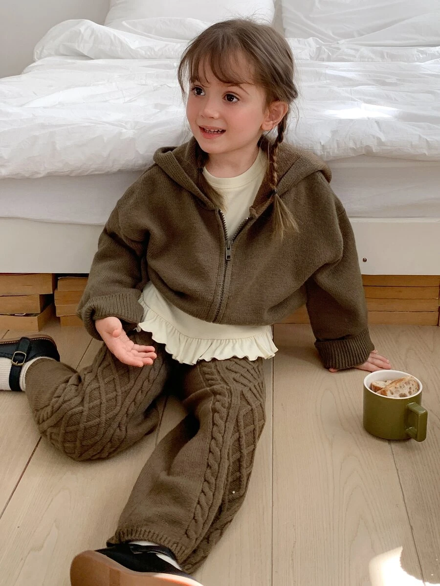 Hapijoa Young Girl Solid Color Zip-Up Hooded Knit Cardigan And Knit Pants Set Winter - Army Green - View 1