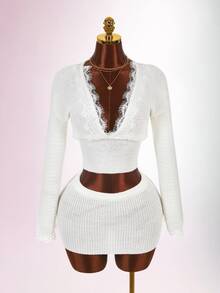 Amplova Women's Lace Patchwork Deep V-Neck Long Sleeve Top And Knit Mini Skirt 2 Pieces Set - White - View 1