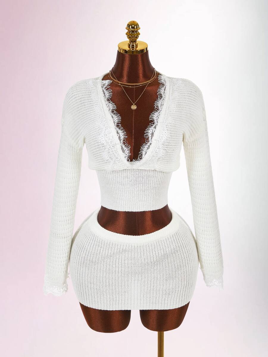 Amplova Women's Lace Patchwork Deep V-Neck Long Sleeve Top And Knit Mini Skirt 2 Pieces Set - White - View 1