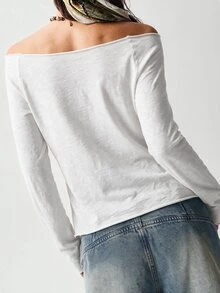 Bohemela 休閒純色針織船領長袖水洗女款T恤 - 白色 - 查看 2