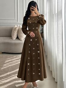 Yasmyna Women Spring Fall Winter Elegant Slim Fit Modest Dark Brown Satin Round Neck Beaded Rhinestone Long Sleeve Fitted Waist Flowy MaxiDressForBanquetParty - Coffee Brown - View 3