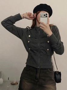 DAZY 女款小立領長袖短版法庭風宴會開襟運動衫 - 灰色 - 查看 3