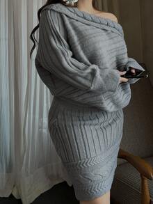 Vibekara Women's Autumn/Winter Design Asymmetric Shoulder Cable Knit Pullover Sweater And Loose Skirt Set - Grey - View 5