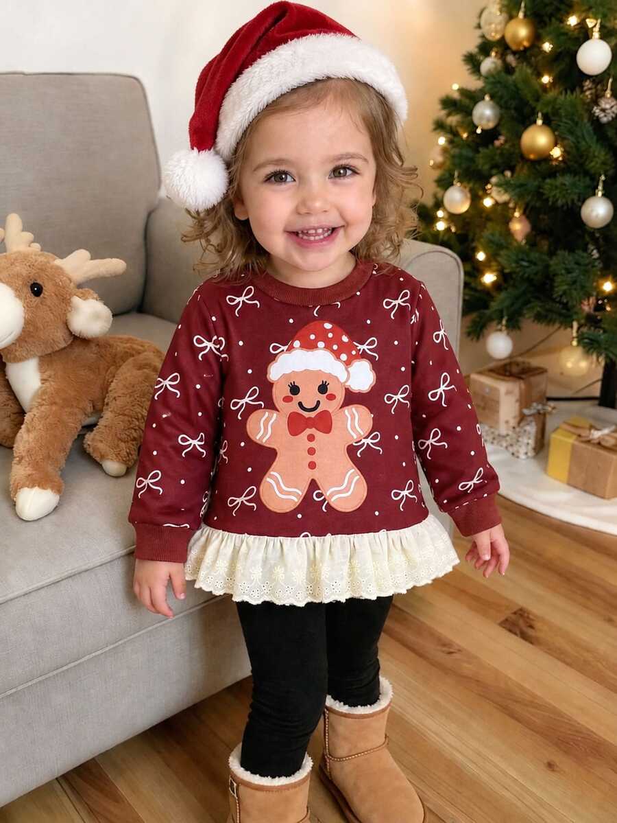 SHEIN Infant Girls Christmas Long Sleeve Top, Gingerbread Man & Bowknot Pattern Lace Ruffle Hem Blouse - Burgundy - View 1