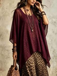 Linhara CURVE Plus Size Women Solid Color Batwing Sleeve Asymmetric Hem Top And Leopard Print Spaghetti Strap Dress Casual 2 Pieces Set - Burgundy - View 4