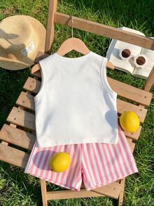 幼童女款背心短褲套裝 檸檬字母印花 粉色白色條紋 夏季休閒 1套 - 彩色 - 查看 2
