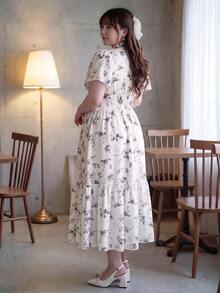 Bijouette 大尺碼女款春夏碎花抽繩蝴蝶結裝飾喇叭裙，收腰修身百搭長洋裝 - 藍色 - 查看 3