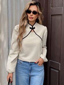Serisse بلوزة نسائية أنيقة بأكمام طويلة مع تصميم أزرار الضفدع وحواف مطرزة، خريف/شتاء أنيقة رسمية فاخرة أعمال شيك أساسية عيد الميلاد - لون مشمشي - مشاهدة 4