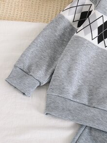 2件組男孩春秋 Polo 領長袖上衣與純色慢跑長褲套裝，寬鬆落肩版型，適合日常穿著、上學、戶外活動、家庭聚會、拍照，男孩套裝 - 灰色 - 查看 6
