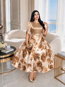 Auveirra Plus Size Elegant Floral Print Round Neck Short Sleeve Dress - Khaki - View 7