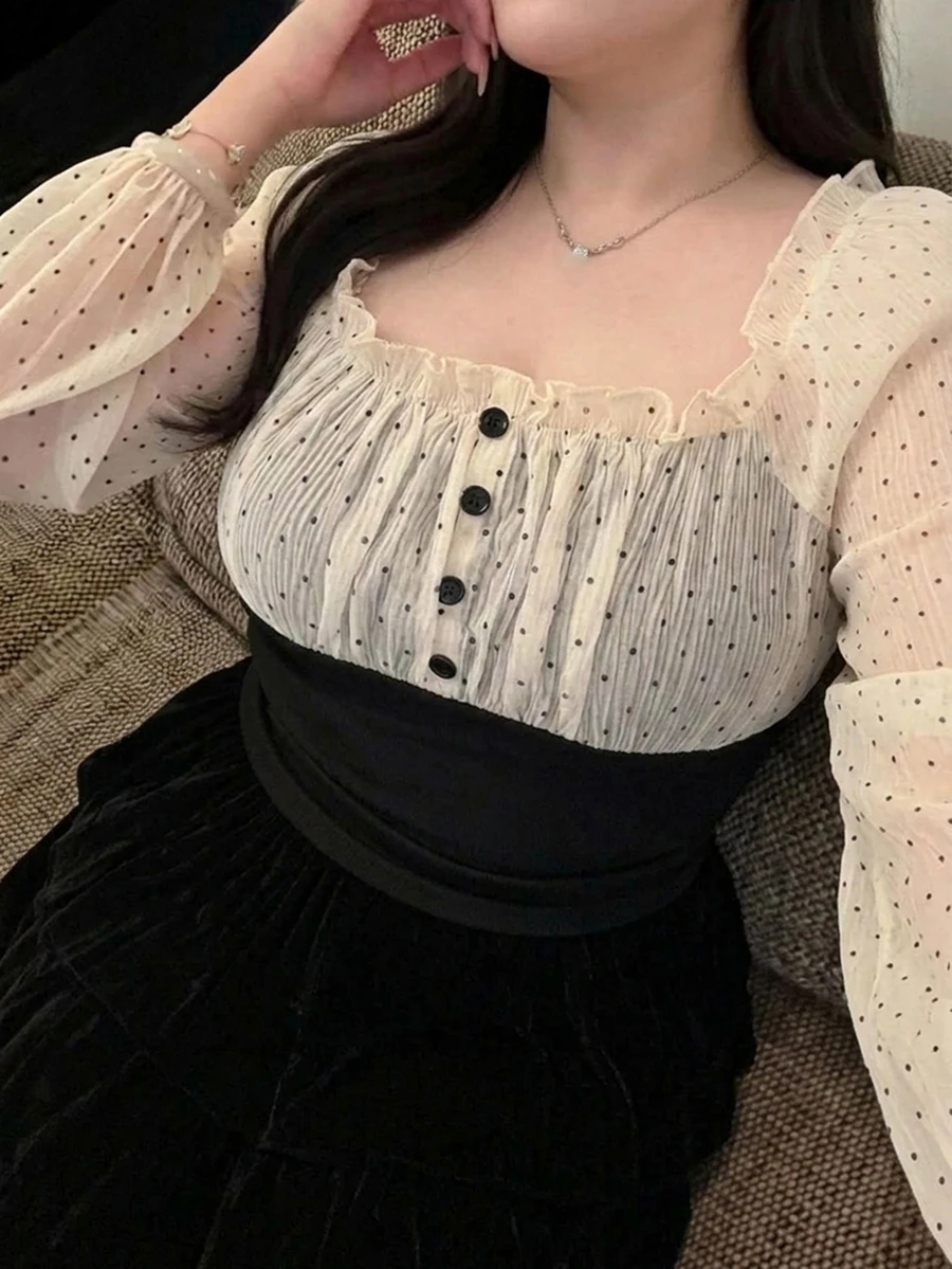 Dazy Plus Colorblock Patchwork Chiffon Polka Dot Sexy Korean Style Long Sleeve Design T-Shirt - Black - View 1