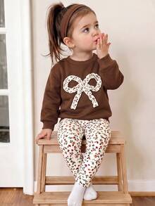 SHEIN Cute Knitted Floral Pattern Bow Sweatshirt Set For Baby Girls - Coffee Brown - View 5