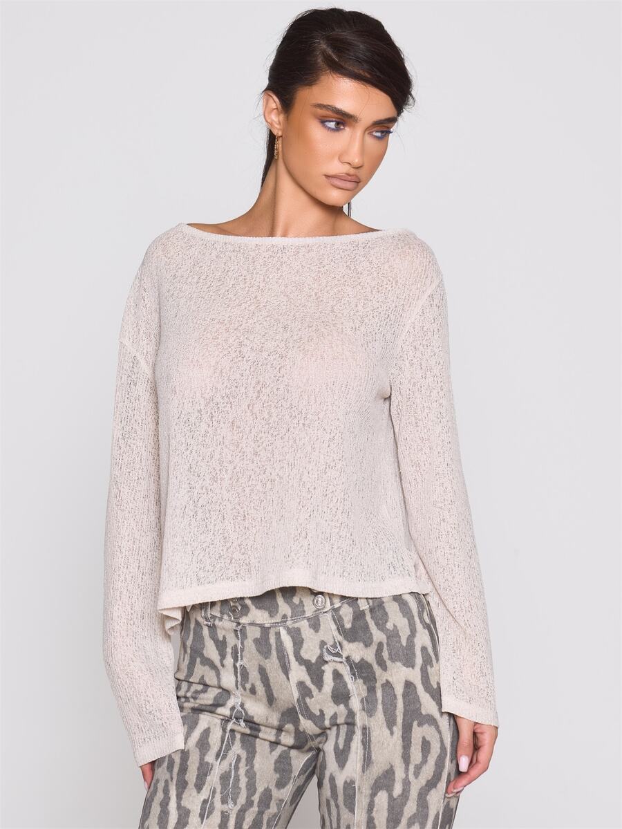 MUSERA Loose Fit Sheer Off The Shoulder Slouch Long Sleeve Tee Autumn Winter Fall Coolgirl Holiday Everyday Roadside Renegade - Apricot - View 1