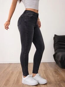 SHEIN PETITE 女款時尚鈕扣口袋緊身牛仔褲 - 黑色 - 查看 6