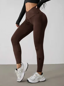 SHEIN PETITE 女款純色V腰彈性緊身褲，小碼女款健身黑色秋季運動風 - 棕色 - 查看 5