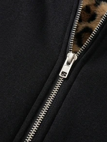 GlowEve Women's Autumn/Winter Patchwork Leopard Print Sleeve Cuff Zipper Front Hooded Jacket - Black - View 5