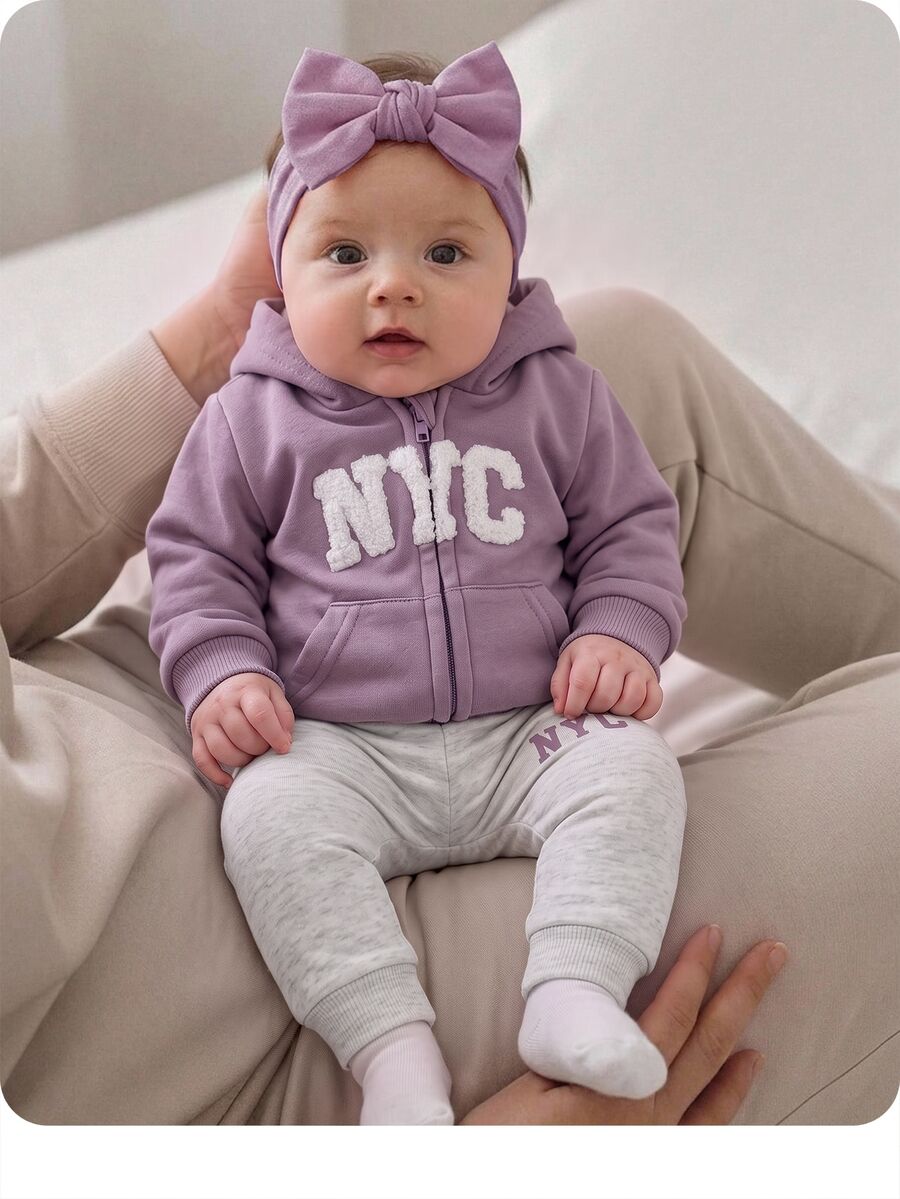 SHEIN Newborn Baby Applique Embroidered Zip-Up Hoodie And Cuffed Pants Set - Purple - View 1