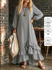 Linhara CURVE 2026新款大尺碼休閒條紋圓領長袖燈籠袖拼接荷葉邊女款長洋裝 - 黑與白 - 查看 5