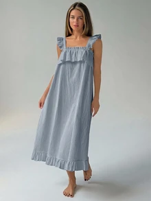 Livesso Minimalist Solid Color Ruffle Trim Sleeveless Loose Long Dress Women's Nightgown - Navy Blue - View 8
