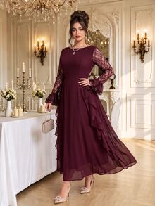 Roveilla Gaun Panjang Wanita Ukuran Besar Elegan Bergaya Vintage Romantis untuk Pesta Pernikahan, Bahan Chiffon Warna Polos, Leher Bulat, Lengan Berenda Kontras, Desain Ruffle, Musim Gugur/Dingin - Burgundy - View 6