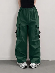 SHEIN Sparklyn 青少年女孩秋季服飾 時尚百搭純色工裝褲，秋季，休閒，極簡，返校，穿搭 - 綠色 - 查看 3