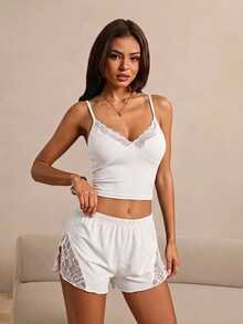 HautHeat Women's Solid Color Contrast Lace Camisole And Shorts Loungewear Set - White - View 5