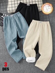 SHEIN 3件/組買2送1兒童青少年男孩休閒多功能厚磅燈芯絨長褲，適合秋冬、學校、家庭聚會、運動，秋季服飾，冬季服飾 - 彩色 - 查看 3