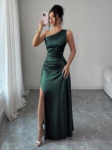 Elenzga 2026夏季新款奢華緞面單肩抓皺腰高開衩長洋裝，性感女款晚禮服派對禮服 - 0.霧綠 - 查看 4