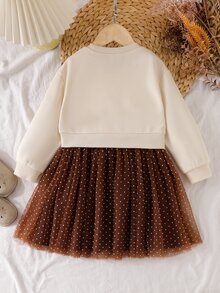 SHEIN Playful Pals 女童冬季長袖洋裝，圓領衛衣上衣搭配大波點蝴蝶結裝飾，棕色波點網紗裙，甜美公主風秋季款 - 卡其色 - 查看 2