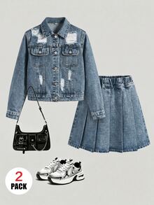 SHEIN 女童藍色牛仔破洞寬鬆短版長袖外套與百褶迷你裙2件套 秋冬2026 可愛Y2K 百搭 萬聖節新年 - 藍色 - 查看 2