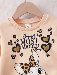SHEIN طقم ملابس للبنات الرضع: سويت شيرت بطبعة كرتونية وأكمام مكشكشة مع بنطال ساق واسعة - كاكي - مشاهدة 3