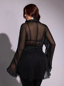 Viva Relle Plus-Size Women's Asymmetrical Hem Sheer Sensual Shirt - Black - View 6