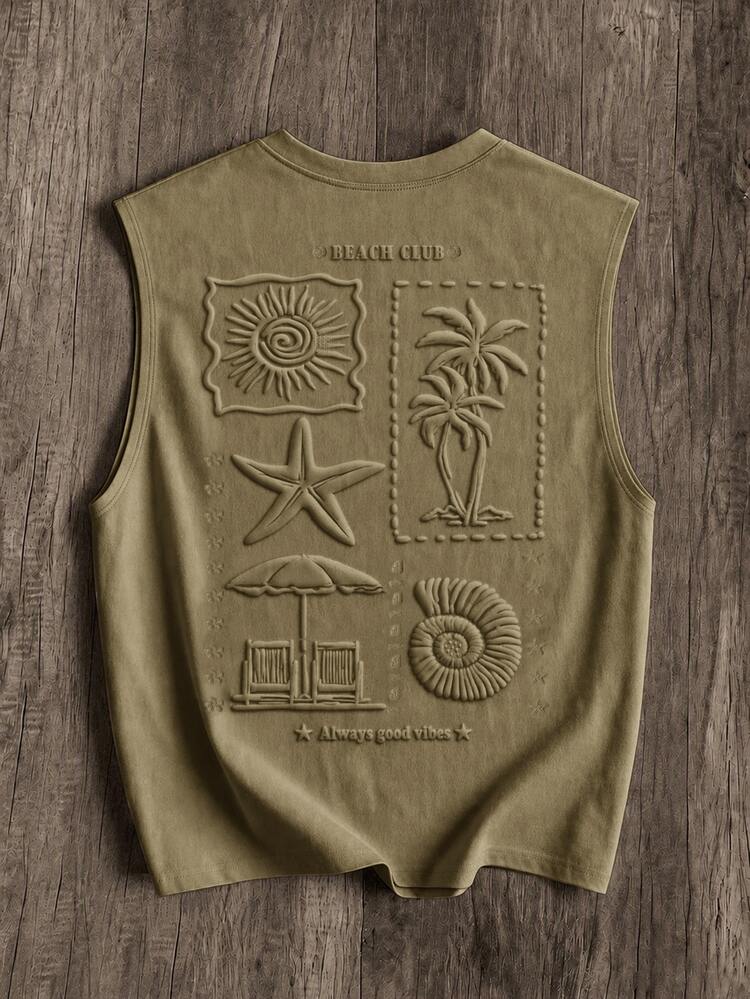 Manfinity Joysei Dark Green Men's Palm Tree Embossed Casual Tank Top - Olive Green - View 1