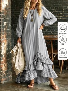 Linhara CURVE 2026新款大尺碼休閒條紋圓領長袖燈籠袖拼接荷葉邊長洋裝 - 黑色 - 查看 5