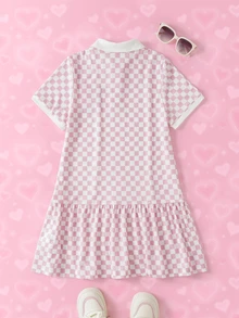 THE POWERPUFF GIRLS X SHEIN Tween Girl Polo Collar Checkered Short Sleeve Ruffle Hem Dress - Pink - View 2