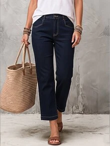 LUMIGAL Plus Size Women's Casual Cropped Jeans With Pocket And Vintage Button Design - Black - View 4